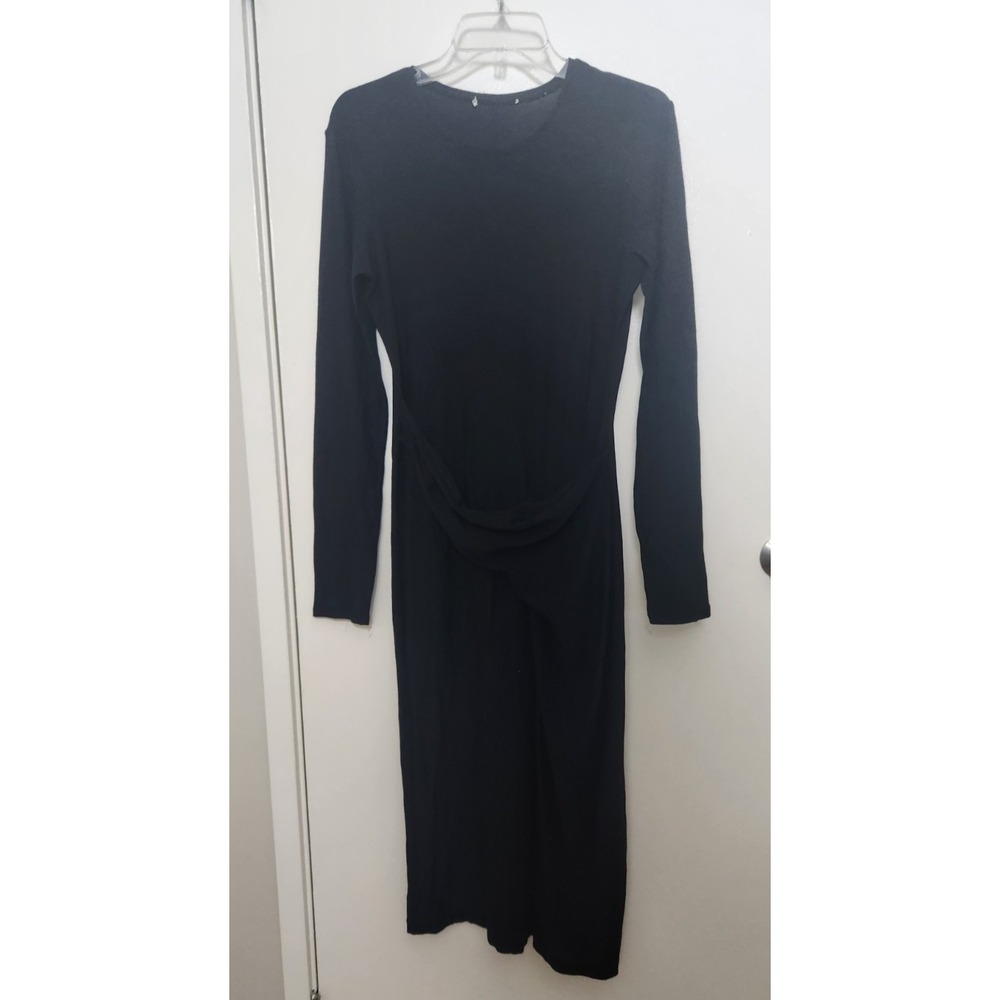 Vince Long Sleeve Draped Front Midi Dress Black Size Large Front Slit Minimalist